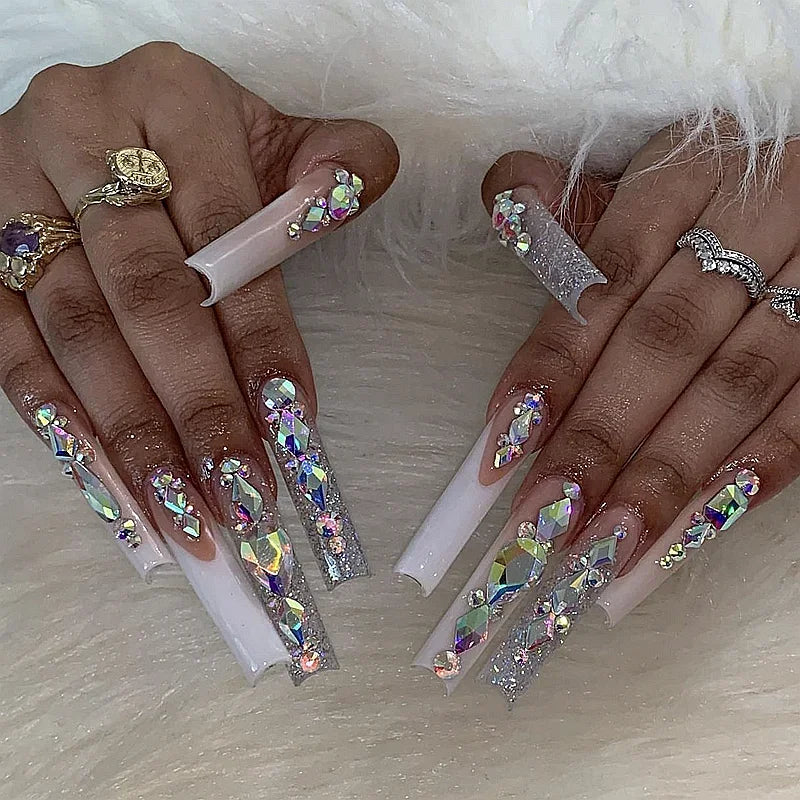 Customized Bling Rhinestone XXXL Press On Nails Handmade Luxury 5CM Long Coffin Stiletto False Nail Tip Reusable Fake Nail Party
