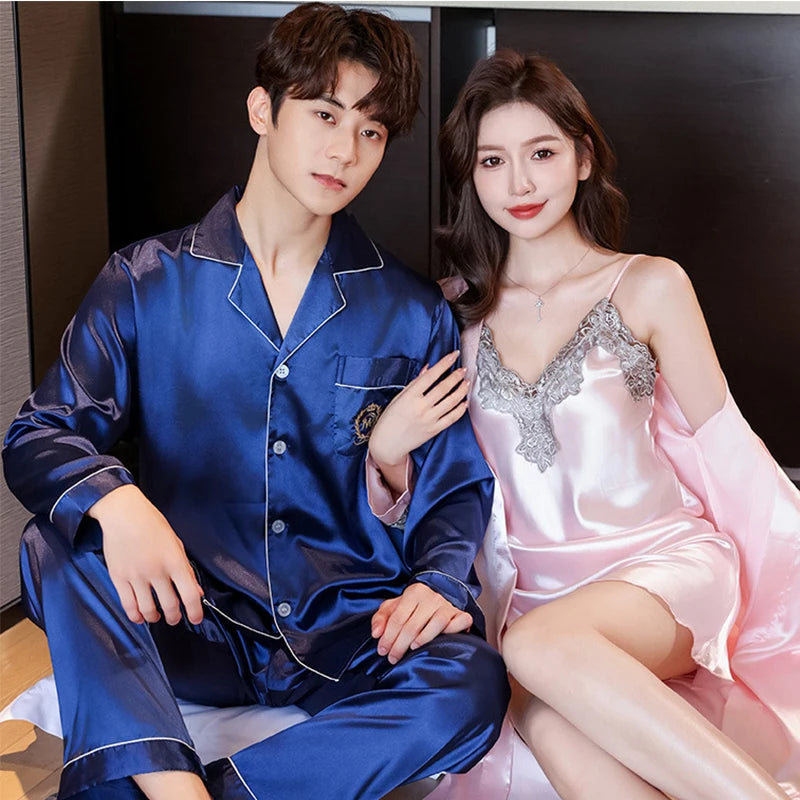 Couple Pajamas Set Women Silk Sexy Nightdress Nightgown Two-Pieces Summer Men's Long-Sleeved Long Pant Home Wear Bridesmaid Robe