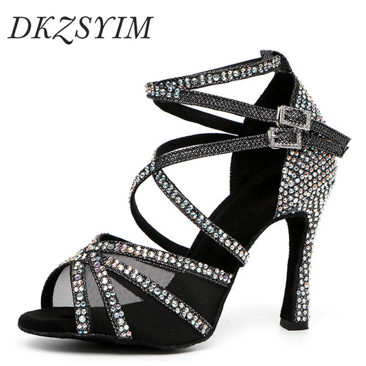 DKZSYIM Rhinestone Women Latin Dance Shoes Latin Salsa Girl Dancing Shoes Black Shiny Ballroom Dance Shoes For Girls Ladies