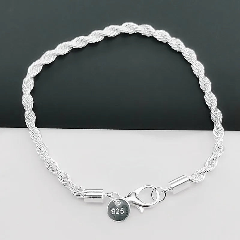 925 Sterling Silver 4MM Twisted Rope Bracelets for Women Men Fashion Minimalist Couple Chain Bracelet Unisex Party Jewelry Gifts
