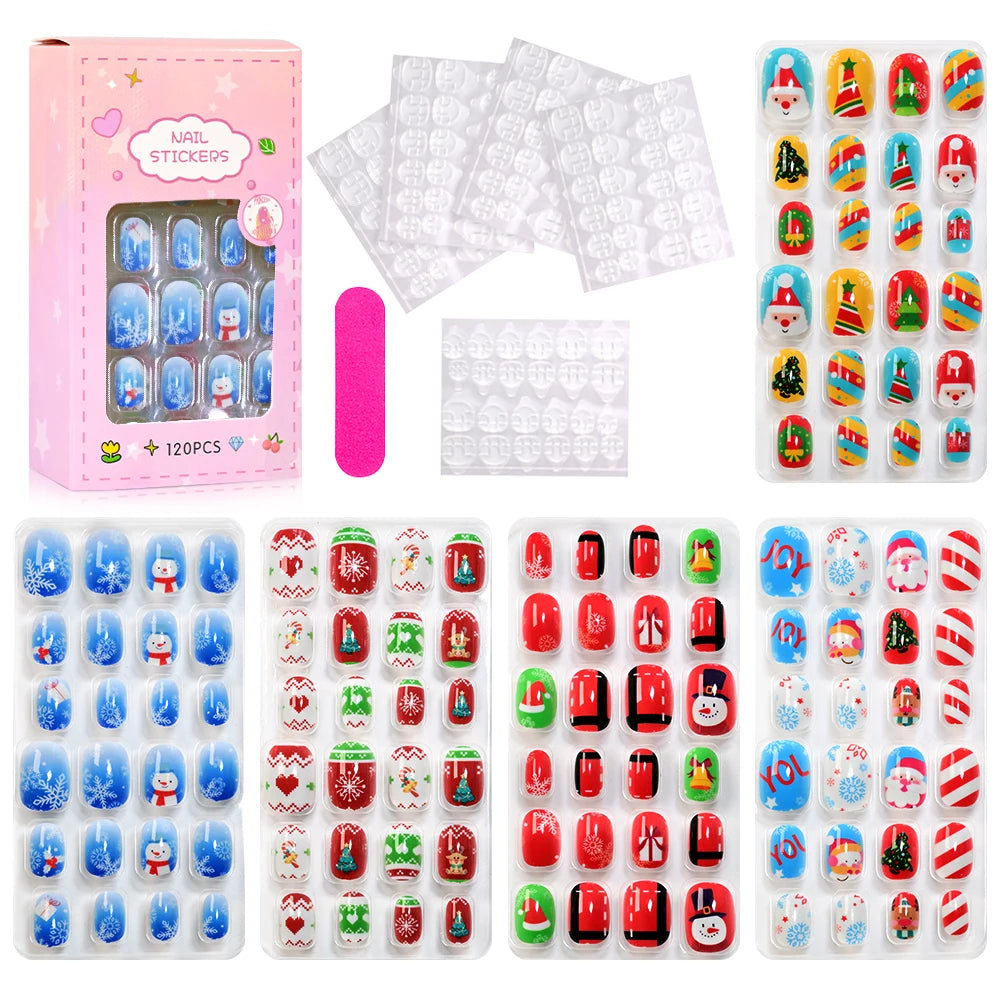 120pc/Box Kid's Christmas Press On Nails Kawaii Cartoon Santa Snowman Xmas Tree Full Cover Acrylic False Nail Kid Christmas gift