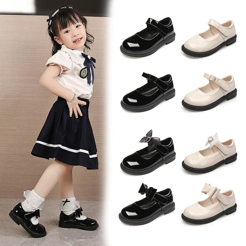Children's Leather Shoes 2023 New Bow Girl Princess Shoes Soft Sole Casual Student Black Performance Shoes