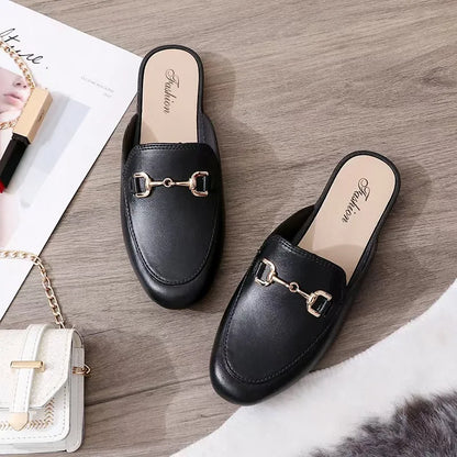Casual Fashion Ladies Single Shoes Summer Slippers Outdoor Wear Half Slippers Metal Element PVC Material Comfortable Slip-On