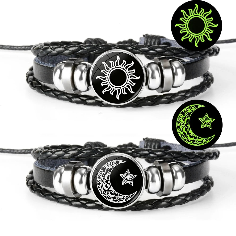 Charm Luminous Sun Moon Lover Leather Bracelet Vintage Punk Multi layer Beaded Weaving Bracelet Couple Gift