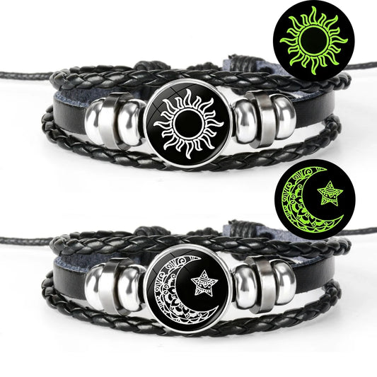 Charm Luminous Sun Moon Lover Leather Bracelet Vintage Punk Multi layer Beaded Weaving Bracelet Couple Gift