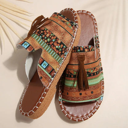 Southeast Asian Bohemian Tassel Flat Bottom Sandals Women's Outdoor Wear Soft Bottom Beach Cool Slippers Fringe Trend