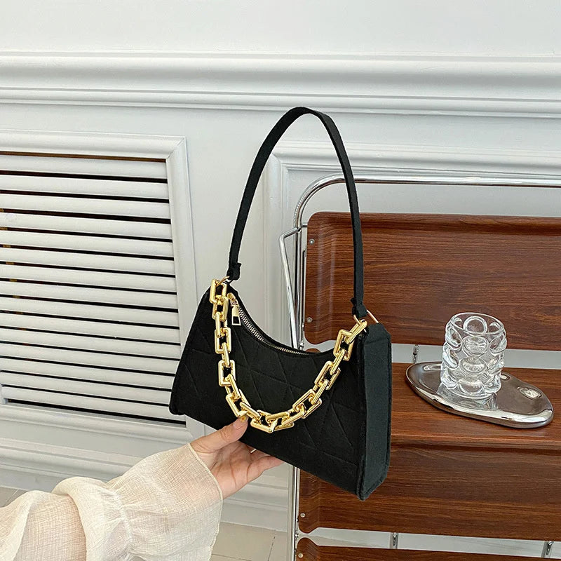 Fashion Women Chain Shoulder Underarm Bags Felt Pu Leather Simple Solid Color Casual Handbags Female Pouch Tote Crossbody Bag