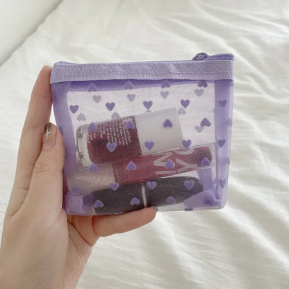 Women Cosmetic Storage Bag Travel Organizer Holder Purse Purple Heart Printed Nylon Mesh Make Up Bag Clear Cute Makeup Bag Pouch