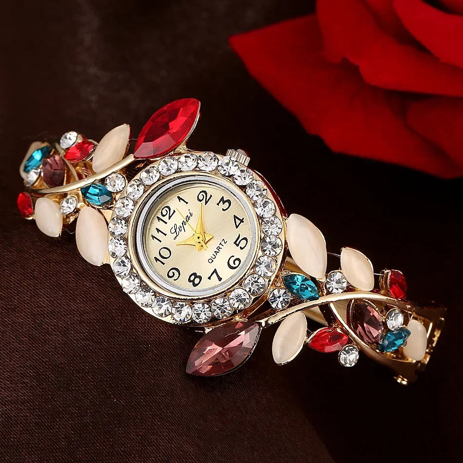 Vintage Women Quartz Watches Luxury Alloy Bangle Bracelet Watch Fashion Rhinestone Flower Ladies Watch Female Clock Reloj Mujer