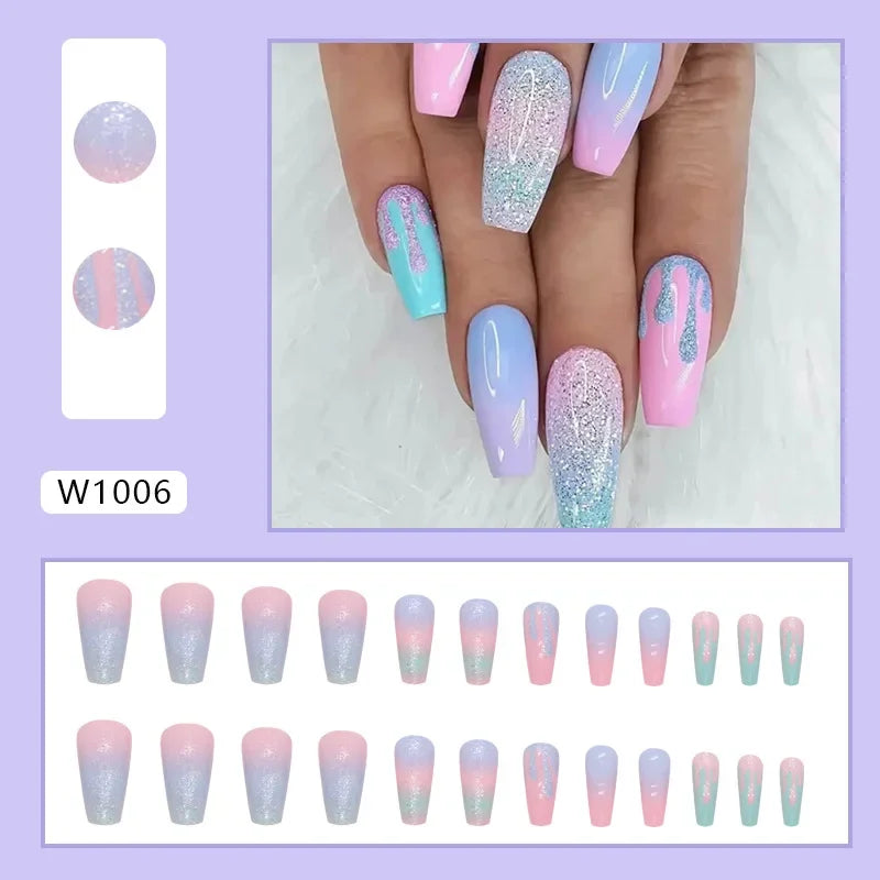 Fresh Green Tea 24 Pcs Fake Nail with Jelly sticker Press on False Nails Wearable Round Head Oval Full Cover Nail Tips