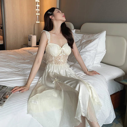 Sexy Long Wedding Twinset Robe Set Nightgown Patchwork Lace Suspender Nightdress Summer Bathrobe Gown Loose Silk Satin Homewear