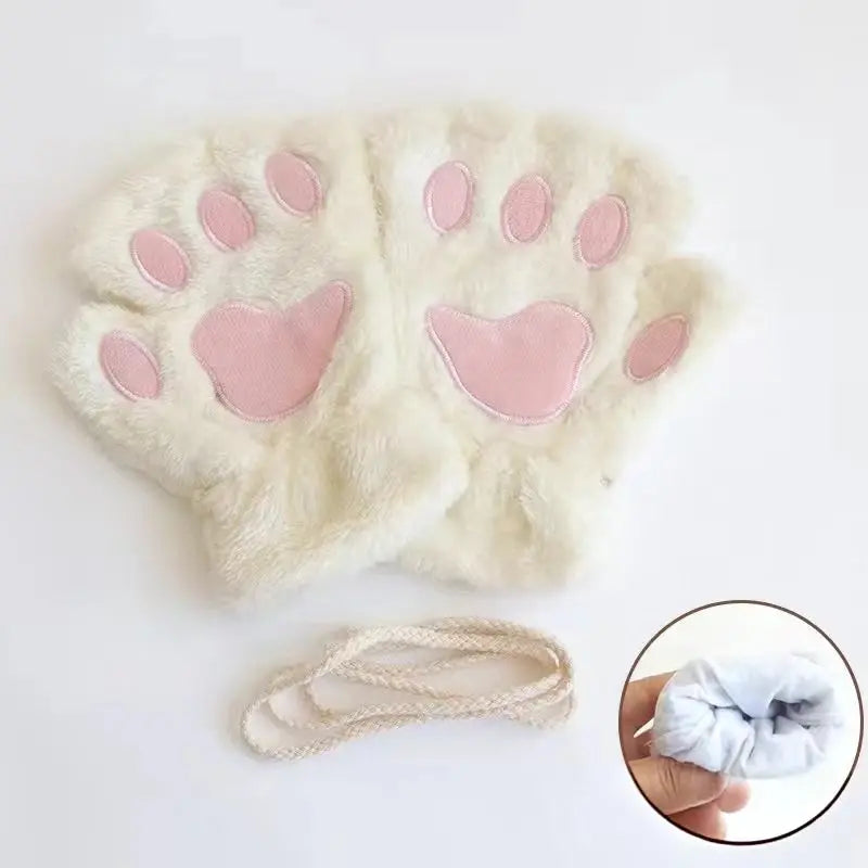 Cute Fashion Cat Paw Fingerless Gloves with Hanging Rope Soft Cold Proof Thickened Plush Gloves Suitable for Cycling and Writing