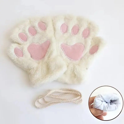 Cute Fashion Cat Paw Fingerless Gloves with Hanging Rope Soft Cold Proof Thickened Plush Gloves Suitable for Cycling and Writing