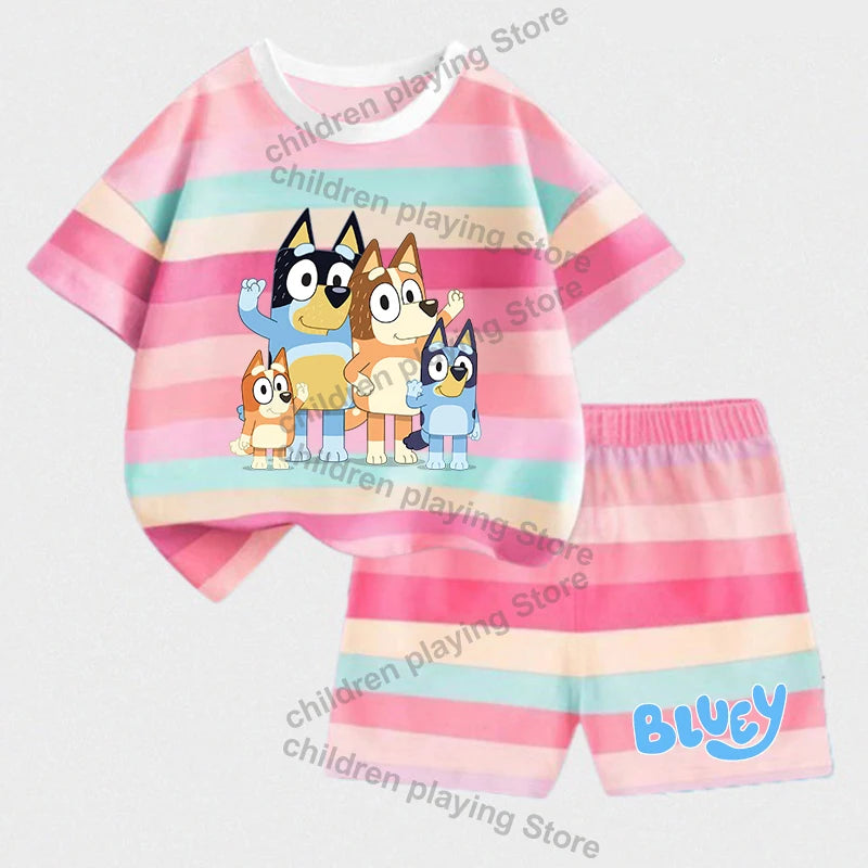 Blueyi Series Child Stripes Sets Summer Girls Boys T-Shirt Shorts Suits Cartoon Bingo Casual Sport Clothes Kids Sleepwear Gifts