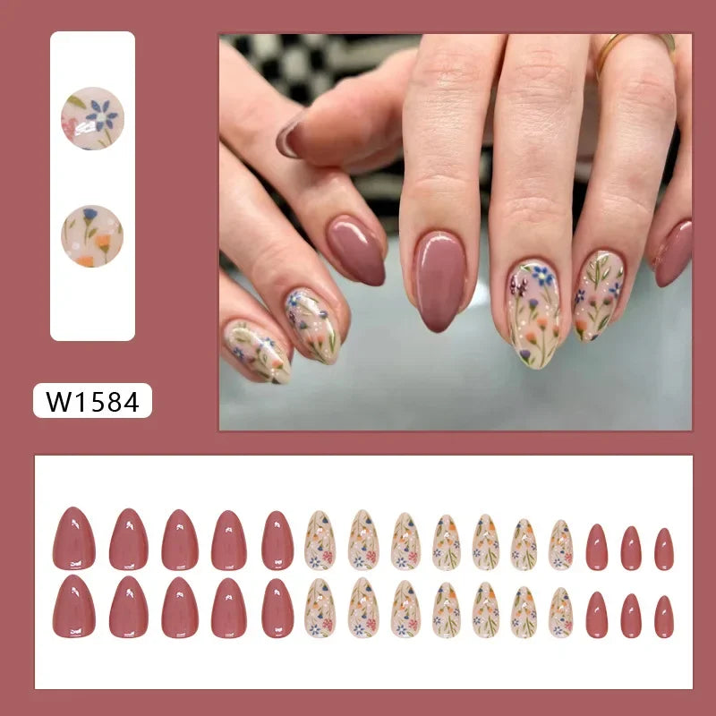 Fresh Green Tea 24 Pcs Fake Nail with Jelly sticker Press on False Nails Wearable Round Head Oval Full Cover Nail Tips