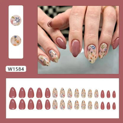 Fresh Green Tea 24 Pcs Fake Nail with Jelly sticker Press on False Nails Wearable Round Head Oval Full Cover Nail Tips