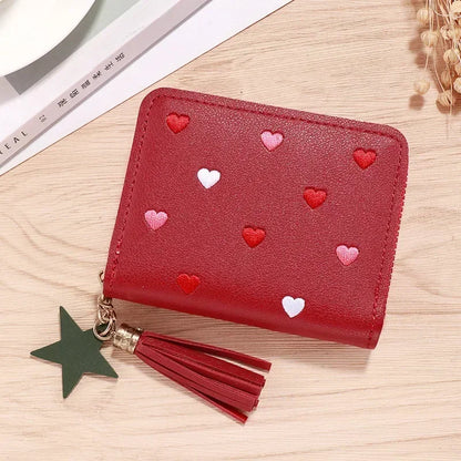 New Long Short Wallet Women's Fashion Credit Card Bag Purse Zipper Handbag Embroidered Heart Mobile Phone Money Coin Bag Case