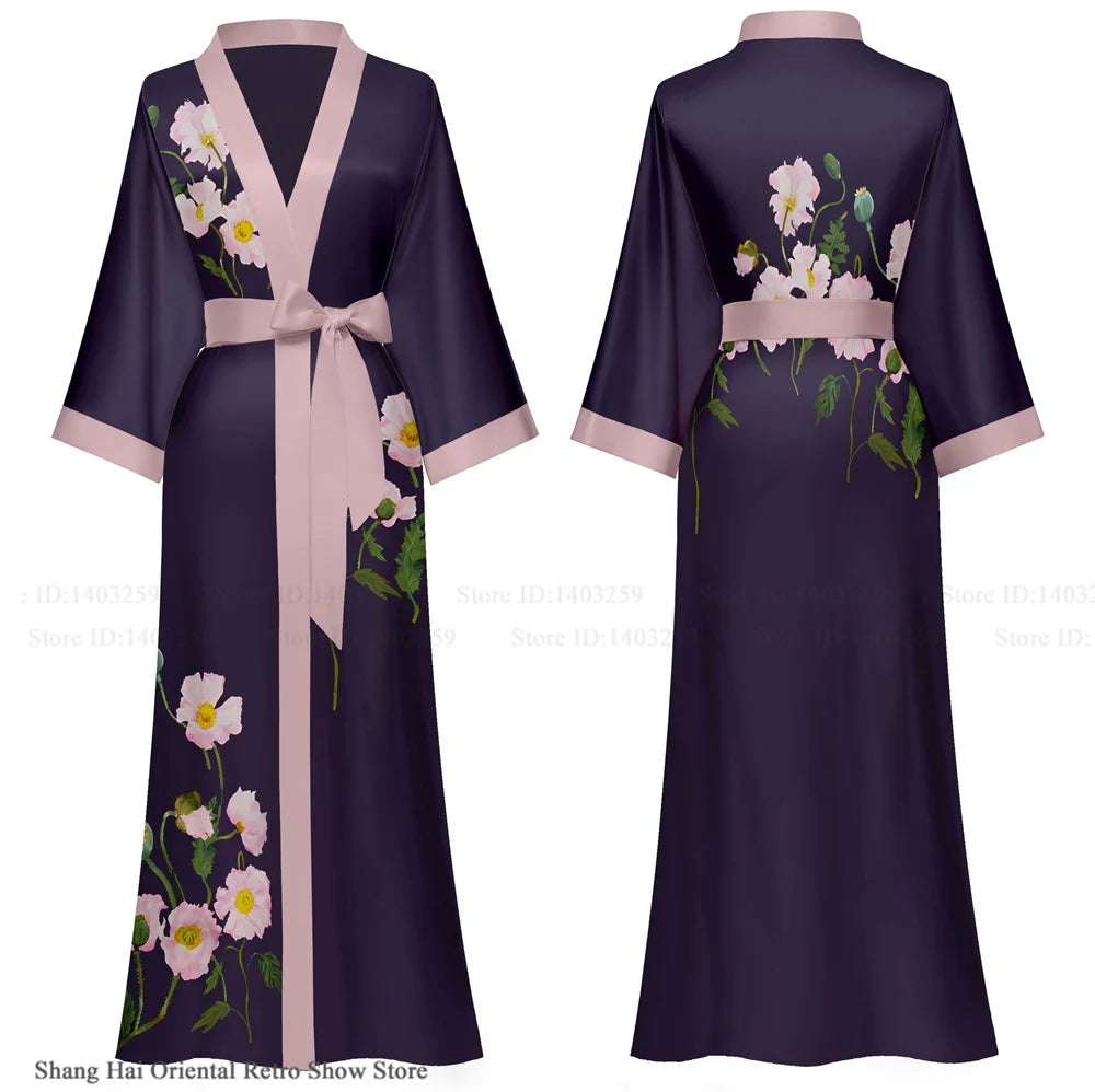 Elegant Print Flower Women Long Robe Loungewear Silky Satin Kimono Bathrobe Gown Spring Autumn New Sleepwear Home Dress Negligee