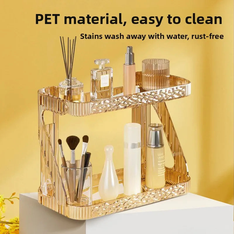 Gold Luxury Double Layer Bathroom Kitchen Vanity Cosmetic Transparent Storage Rack No Drilling Required Modern Minimalist Design