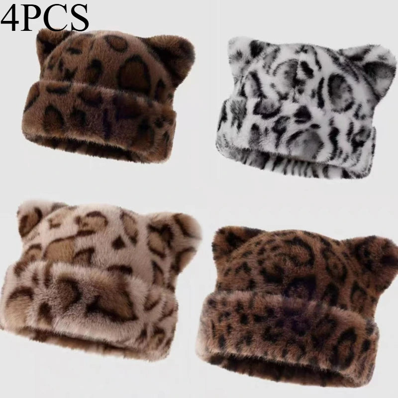 Leopard print plush teddy bear hat for women, sweet and cute, thick and warm, retro and versatile, hooded beanie.