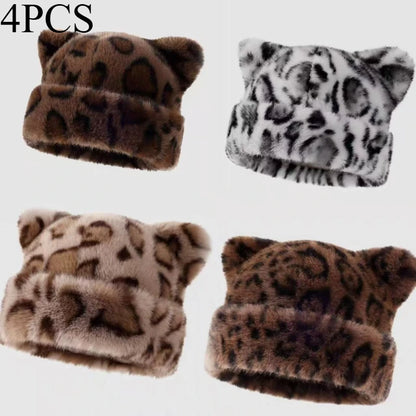Leopard print plush teddy bear hat for women, sweet and cute, thick and warm, retro and versatile, hooded beanie.