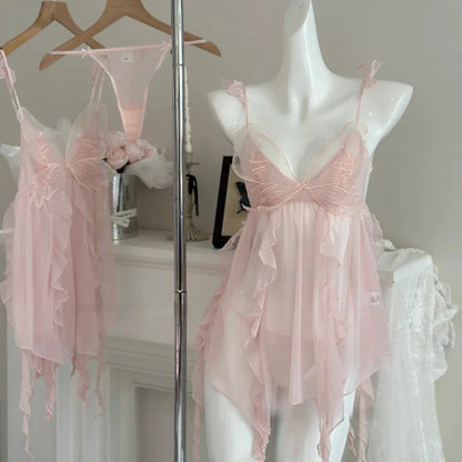 Pure Desire Butterfly Strap Lace Nightgown Breathable Mesh Sleepwear Sweet Tulle Date Night Sleep Suit Comfortable V-neck Sho...
