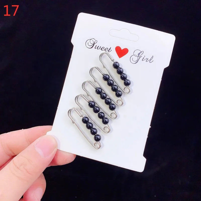6pc Pearl Brooches Set Waist Buckle Cardigan Jeans Button Brooch Pins Women Sweater Coat Anti Fall Pearls Clothes Pin Decoration