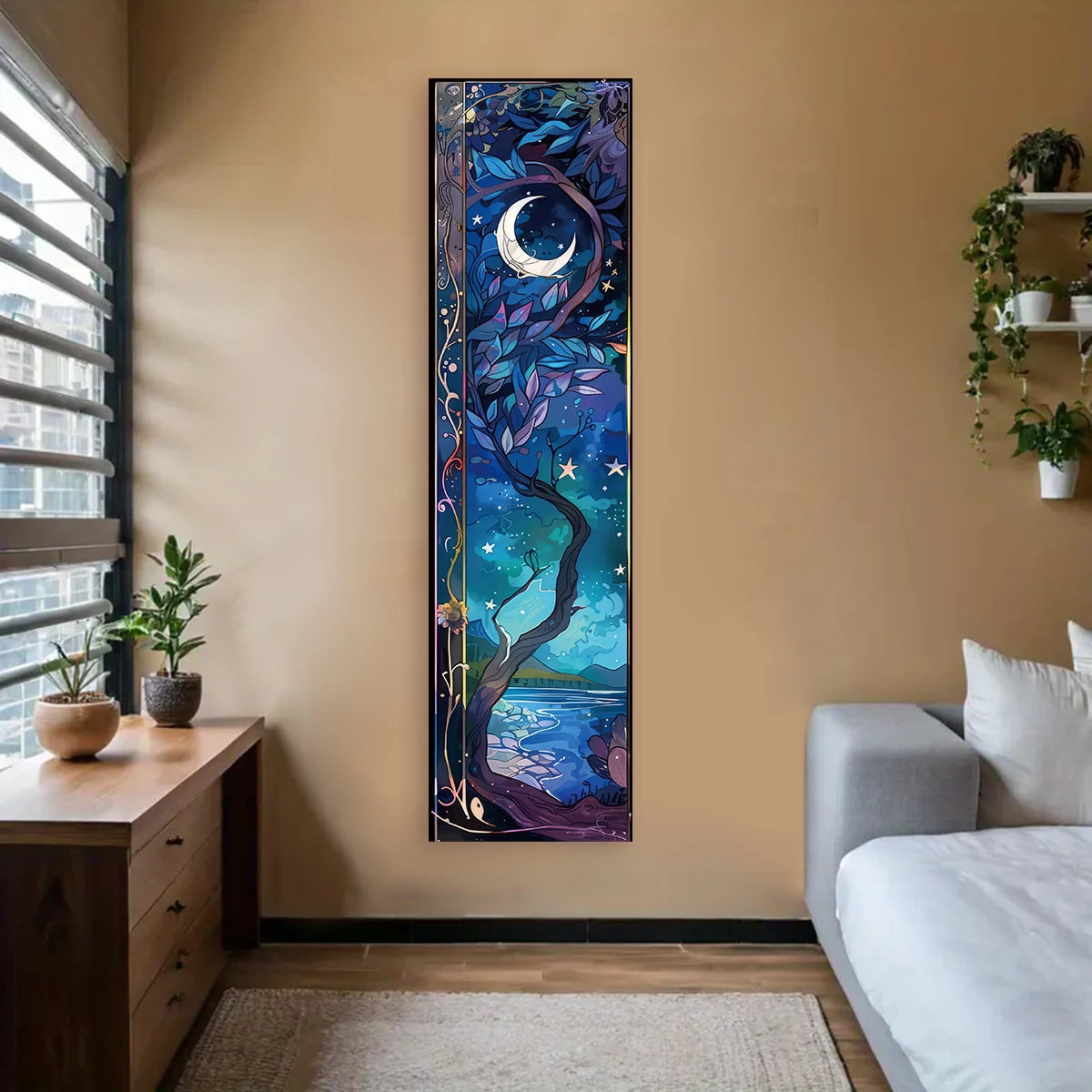 Landscape Vertical Banner Sun And Moon Tapestry Tree of Life Floral Starry Night Wall Decoration Aesthetic Tapestry Home Decor