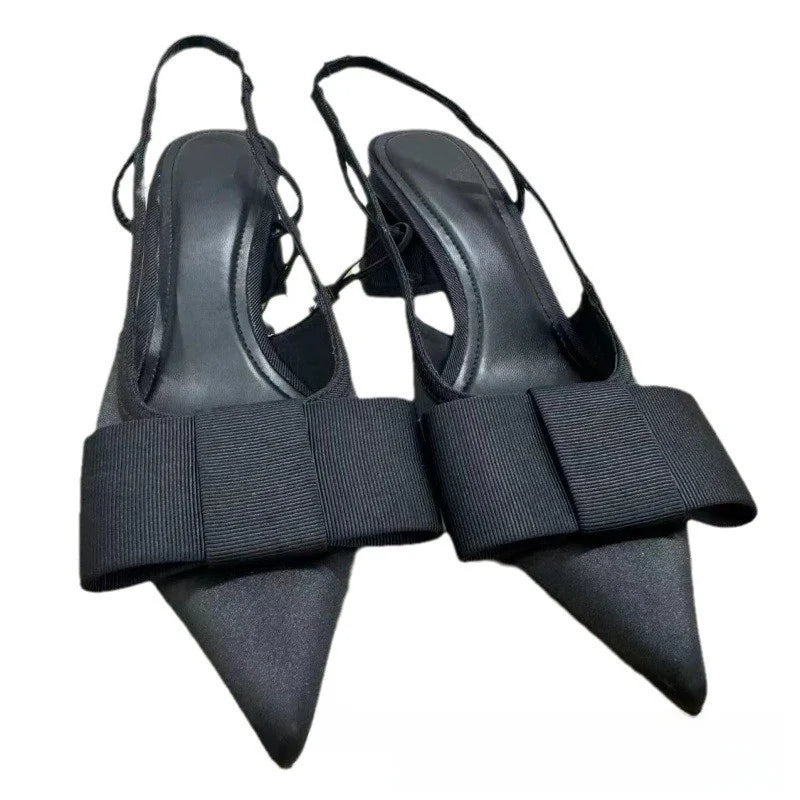 Black Pointed Toe Bow Knot Chunky Heel Women's High Heels Sandals Design Sensation Niche Seasonal New Arrival ZA24