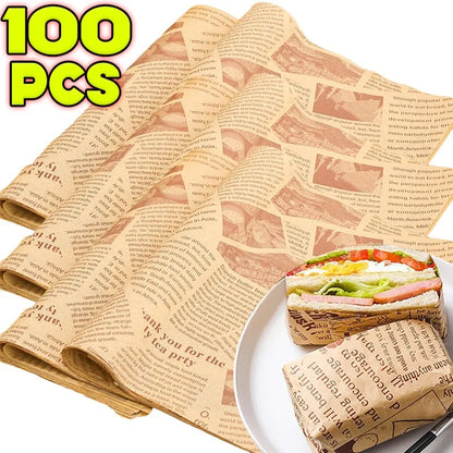 50/100Pcs Oil-Proof Paper Sheet Food Sandwich Packaging Paper Newspaper Style Greaseproof Deli Paper for Wrapping Burger Bread