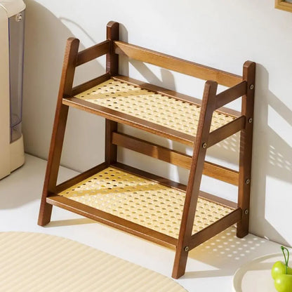 2 Laye Bamboo Counter Top Organizer Coffee Cup Holder Display Rack Storage Rack For Kitchen Condiment Grocery Storage Shelf