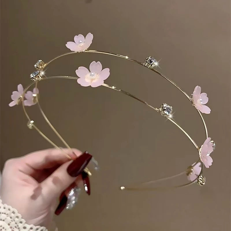 New Double Layer Metal Hairband Flower Pearl Headband for Women Headwear Shiny Rhinestone Hair Band Hoop Hair Accessories