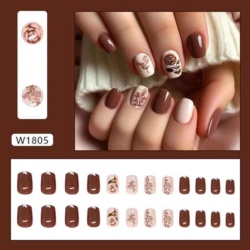 Caramel Flower 24 Pcs Press on Nails Pink Gradient Fake Nails Glossy Artificial Finger Manicure Reusable False Nails for Women