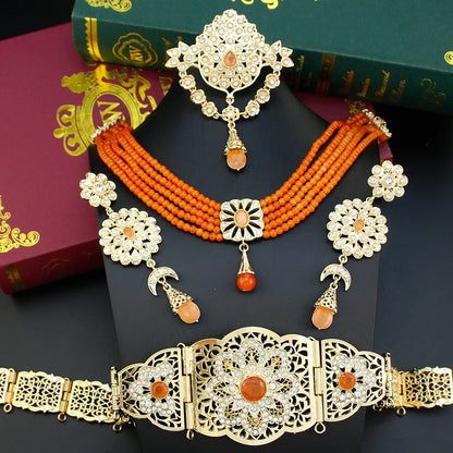 Sunspicems Moroccan Jewelry Sets For Women Gold Color Caftan Waist Chain Belt Orange Bead Choker Necklace Drop Earring Brooch