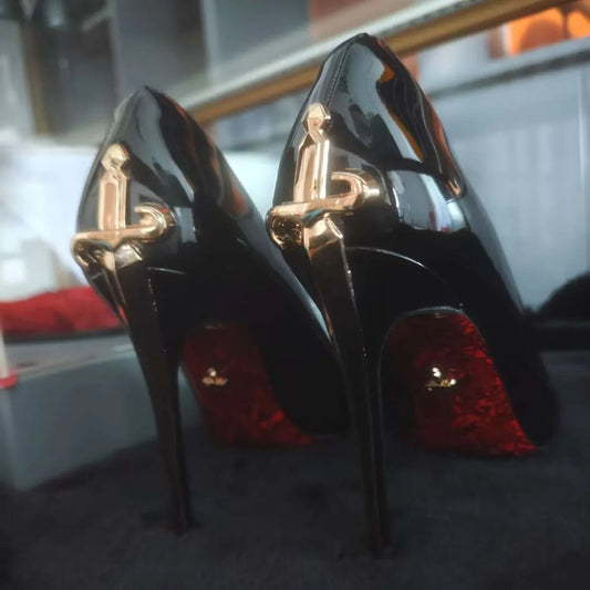 Metallic Dagger High Heel Pointed Toe Women's Shoes Ultra-Finch Skin Printed Red Bottom Comfortable Wear Ultra High Heels