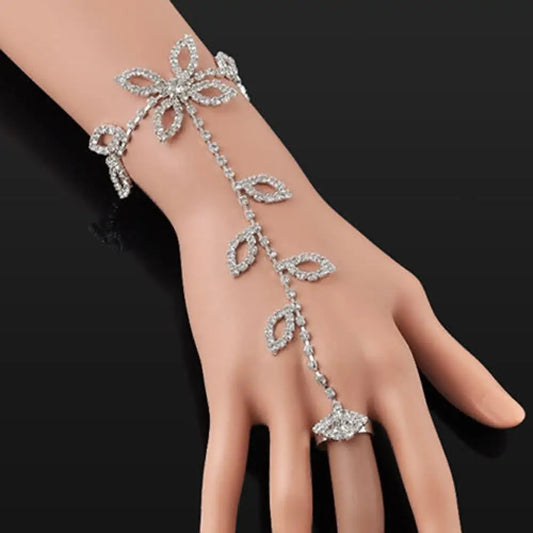 Crystal Rhinestone Leaf Hand Harness Bracelet Slave Chain Bracelet Ring Link Foot Finger Ring Finger Bracelet