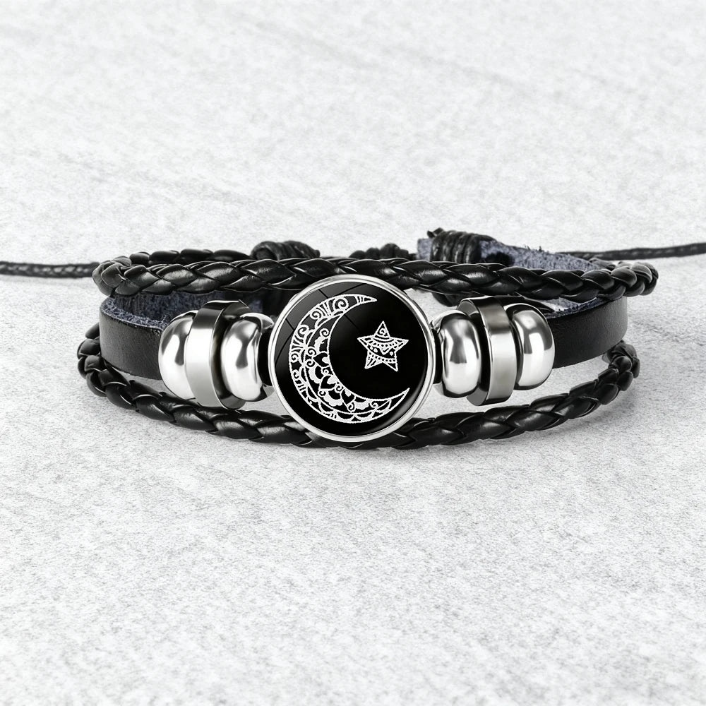 Charm Luminous Sun Moon Lover Leather Bracelet Vintage Punk Multi layer Beaded Weaving Bracelet Couple Gift