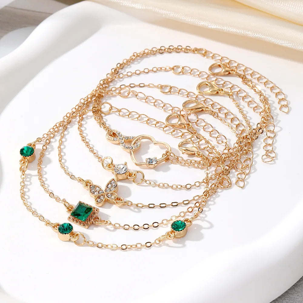 New Luxurious Geometry Square Green Crystal Bracelets Women Fashion Exquisite Butterfly Love Heart Metal Bracelets Set Jewelry