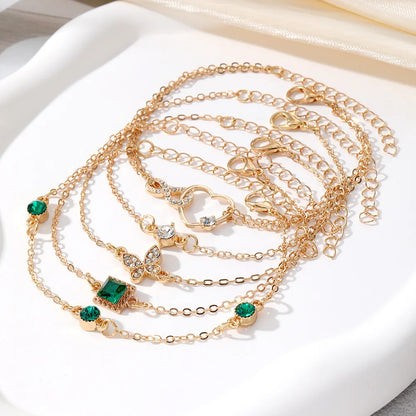 New Luxurious Geometry Square Green Crystal Bracelets Women Fashion Exquisite Butterfly Love Heart Metal Bracelets Set Jewelry