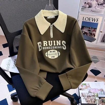 Long Sleeve Women's Fashionable Loose Polo Neck Printed T-shirt Spring Autumn Winter New Style Base Layer Shirt Outerwear