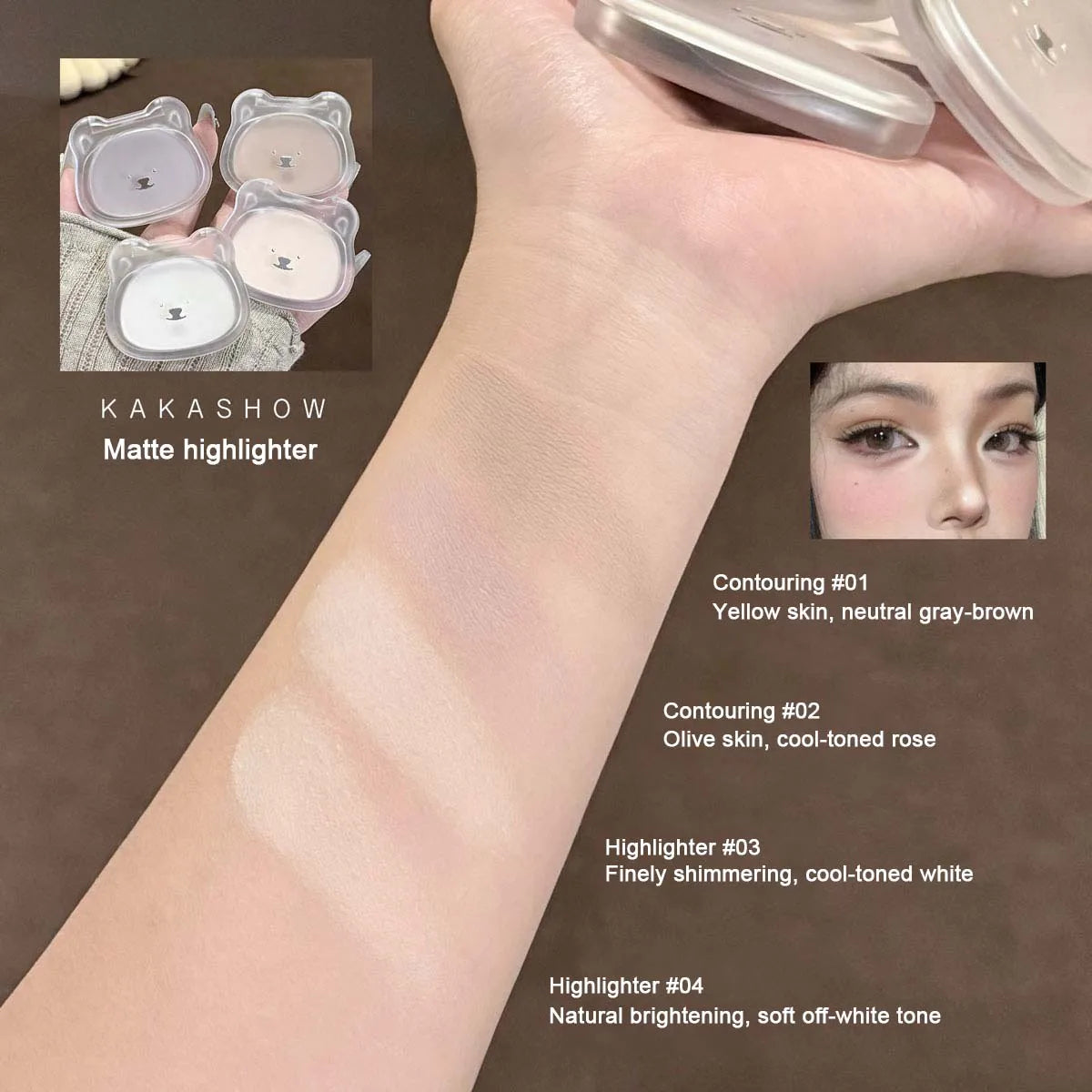 Kakashow Matte Highlighter Silky Smooth Powder Face Contouring & Brightening to Create a 3D makeup look