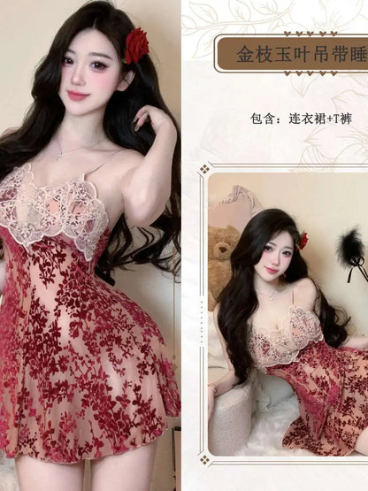 Luxury Camisole Nightgown Summer Women's Style Flower French Chest Cushion Pure Desire Lace Sexy Pajamas Dress Elegant ERQ8
