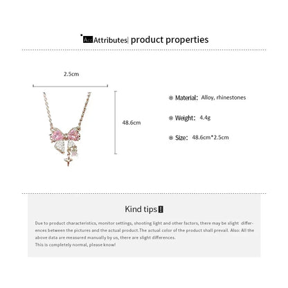 Fashion Fairy Pink Crystal Bow Knot Pendant Necklaces Y2K Girls Sweet Rhinestone Heart Clavicle Chain Women Jewelry Gifts