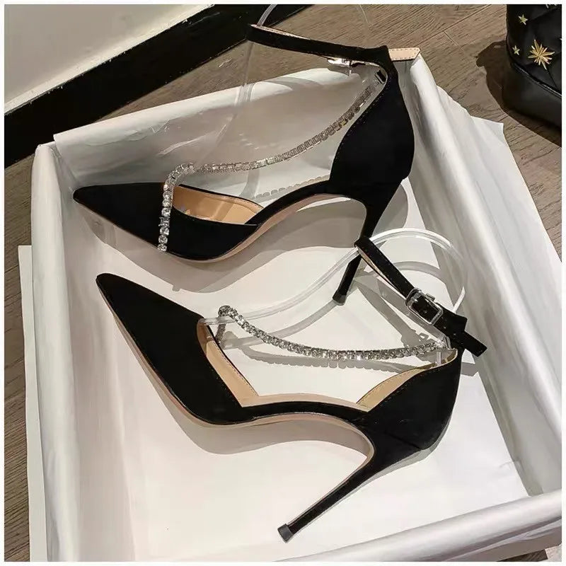 New Black High Heels Women's  Thin Heel Hollow Pointed Single Shoes Sexy Baotou Button Water Drill High heels shoes