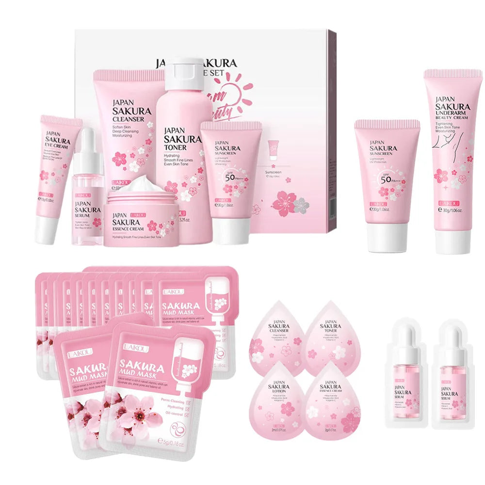Sakura Skin Care Set Face Cream Serum Toner Facial Cleanser Sunscreen Eye Cream Face Skin Care Set Product Gift Daily Skin Care