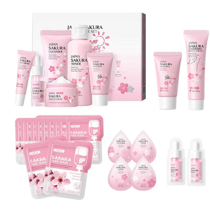 Sakura Skin Care Set Face Cream Serum Toner Facial Cleanser Sunscreen Eye Cream Face Skin Care Set Product Gift Daily Skin Care