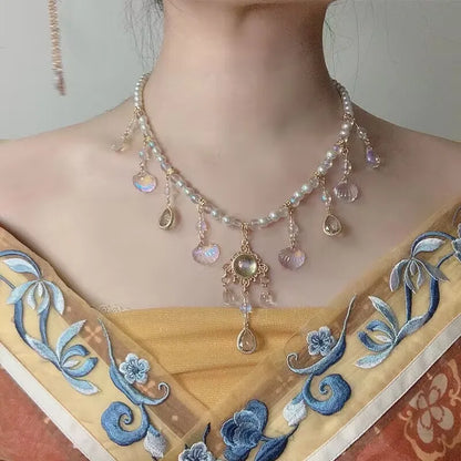Multi-layered Copper Alloy Crystal Necklace Women Hanfu Accessories Sexy Golden Collarbone Necklace Birthday Gift For Women