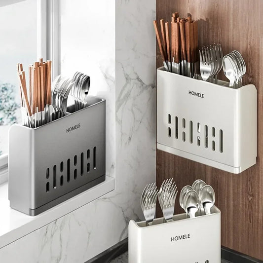 1-Piece Kitchen Utensil Rack-Multifunctional Draining Chopstick Holder Wall-Mounted or Freestanding Cutlery Storage Box Plastic