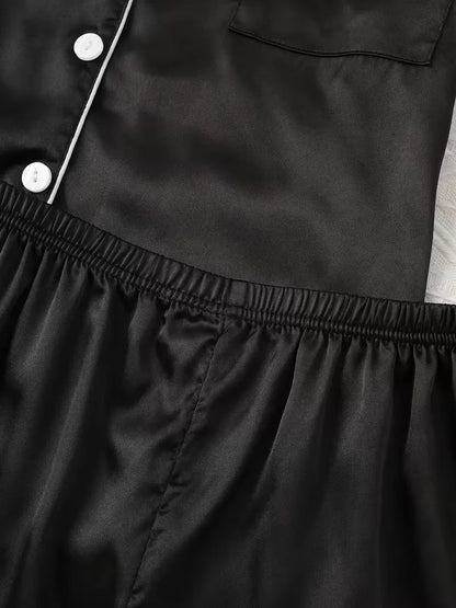 Summer Comfortable Sleepwear Relaxed Fit Solid Satin Women's Casual Pajama Set, Short Sleeve Buttons Lapel Top & Shorts