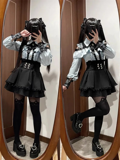 Women‘s Lolita Set Dark Femme Mesh Top & Waist Cinching Skirt, 2025 Autumn Japanese Street Style Coord for Gothic Baddie Fashion